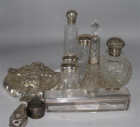 Six silver-mounted scent bottles and three other items